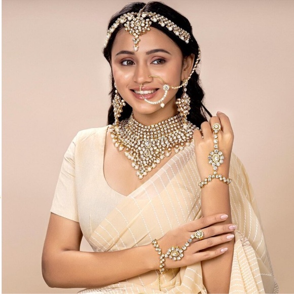 Indian Bridal Jewelry Set Necklace earrings nose ring Wedding 18k gold plated